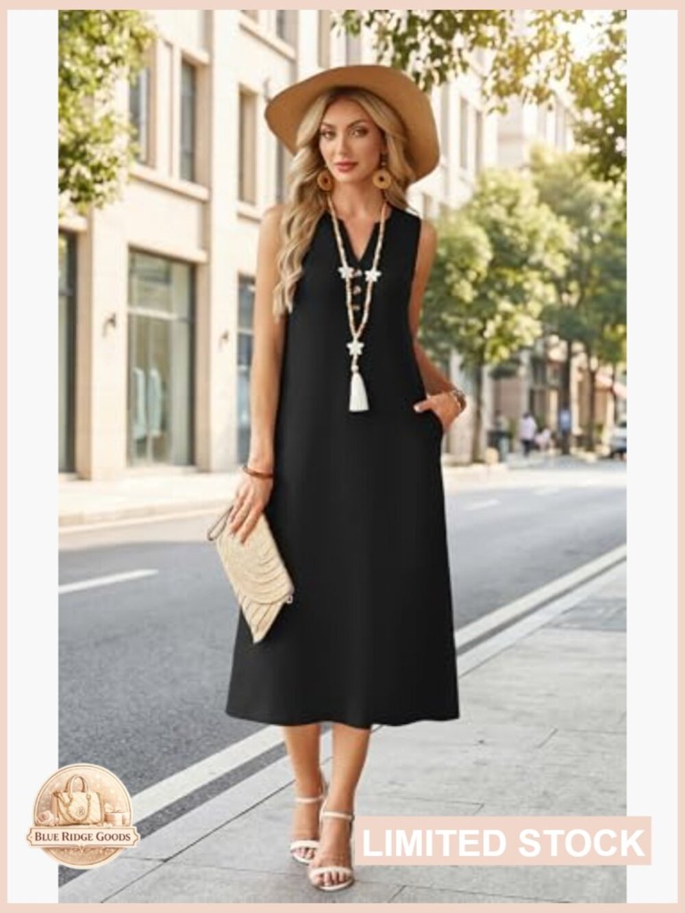 Casual Midi Dress Sleeveless Button Front Beach Vacation Sundresses with Pockets - Picture 4 of 7